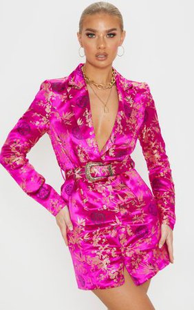 Fuschia Jacquard Long Sleeve Belt Blazer Dress | PrettyLittleThing