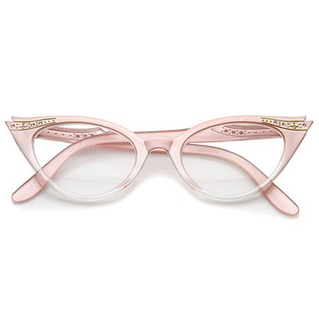Women's Retro Rhinestone Embellished Clear Lens Cat Eye Glasses 51mm (Pink/Clear)