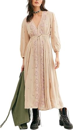 Amazon.com: Women Bohemian Floral Puff Sleeve Long Dress Elegant Square Neck Embroidered A Line Maxi Dress Swing Tiered Dress : Clothing, Shoes & Jewelry
