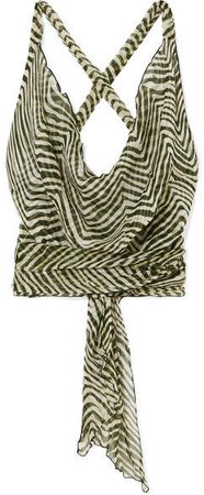 Cloe Cassandro Cropped Zebra-print Silk-crepon Wrap Top - Army green