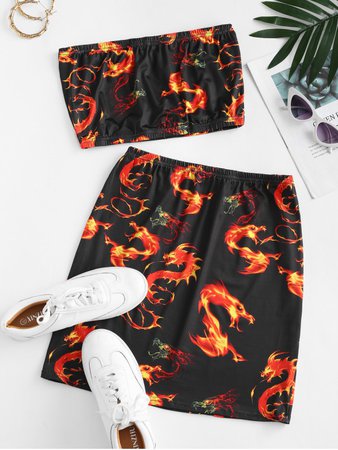 [35% OFF] [POPULAR] 2020 Dragon Fire Print Oriental Strapless Bodycon Skirt Set In BLACK | ZAFUL