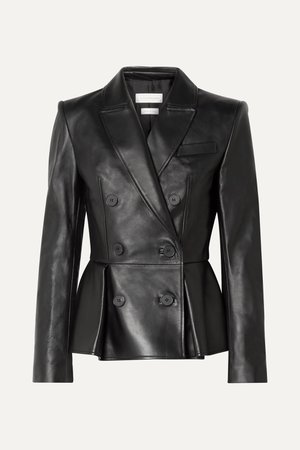 Black Double-breasted pleated leather blazer | Alexander McQueen | NET-A-PORTER