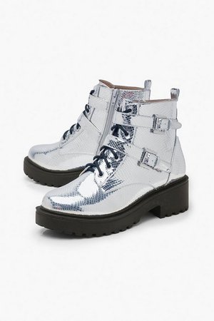 Silver Metallic Chunky Hiker Boots | Boohoo