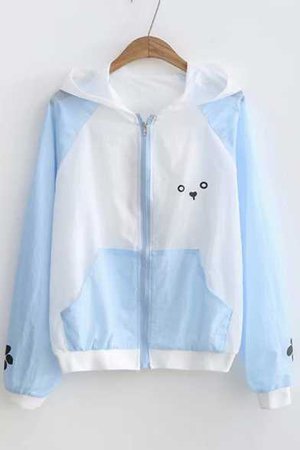 Color Block Cartoon Cat Pattern Embellished Back Paw Printed Long Sleeve Hooded Sun Proof Coat - Beautifulhalo.com