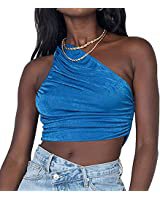 LYANER Women's Sexy Ruched One Shoulder Sleeveless Crop Top Strappy Cami Tank Royal Blue Small at Amazon Women’s Clothing store