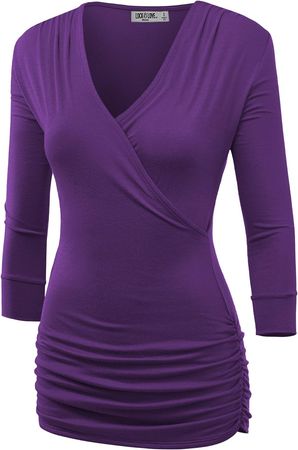 LL WT1255 Women's Deep V Neck 3/4 Sleeve Slim Fitted T-Shirt Casual Cross Surplice Wrap Tops XXL Dark_Purple at Amazon Women’s Clothing store
