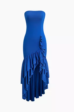 Solid Asymmetrical Hem Strapless Maxi Dress – Micas