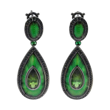Green Tourmaline 3.64 Carat Black Sapphire 18 Karat Black Gold Enamel Earrings For Sale at 1stDibs
