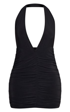Black Extreme Plunge Halterneck Bodycon Dress | PrettyLittleThing USA