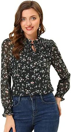Allegra K Women's Ruffled Long Sleeve Pleated Front Floral Blouse Top at Amazon Women’s Clothing store