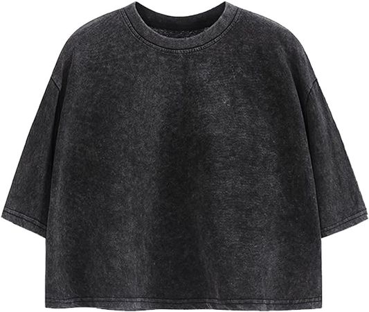 KEEVICI Cropped T Shirts for Women Vintage Baggy Solid Color Basic Tees Acid Wash Cotton Tshirt Black Grunge Crop Tops (Black,L,Large) at Amazon Women’s Clothing store