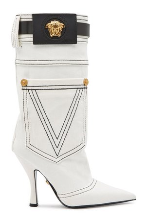 Versace - Denim Knee Boots with Leather - white