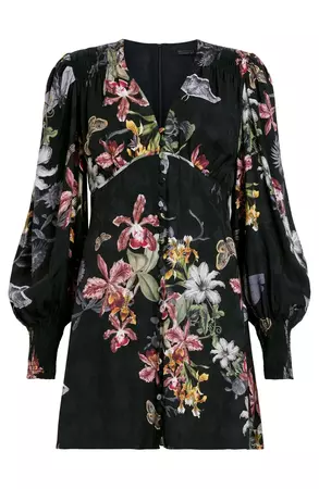 AllSaints Auden Sanibel Floral & Floral Jacquard Long Sleeve Dress | Nordstrom