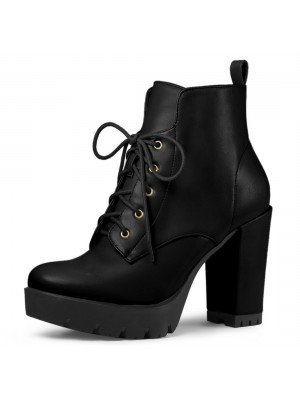 Women's Round Toe Chunky Heel Lace Up Platform Boots