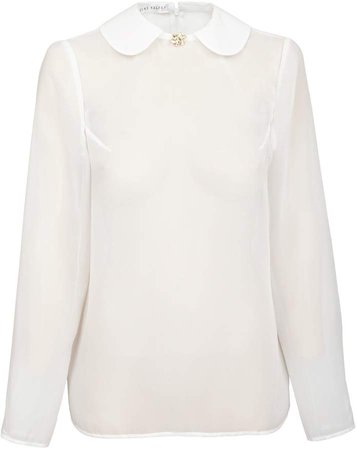 JIRI KALFAR - White Silk Chiffon Top With Collar & Preciosa Button