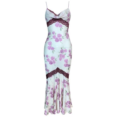 *clipped by @luci-her* S/S 1999 Christian Dior John Galliano Ivory Purple Roses Lace Sheer Midi Dress For Sale at 1stDibs
