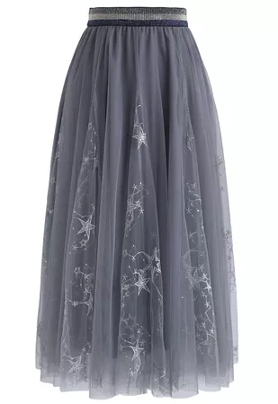 chicwish Grey Dazzling Stars Tulle Midi Skirt
