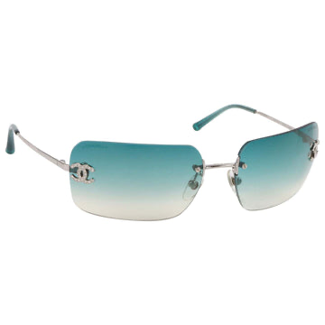 Chanel - Teal Blue Gradient Lens Crystal Rhinestone CC Rimless Sunglasses