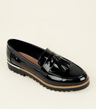 Black Patent Tassel Front Chunky Loafers | New Look