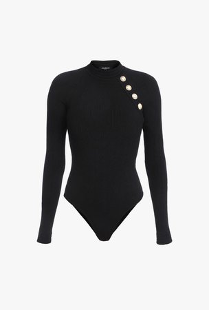 Black Knit Bodysuit With Gold Tone Buttons for Women - Balmain.com