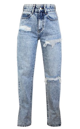 Petite Ice Blue Distressed Split Hem Jeans | PrettyLittleThing USA