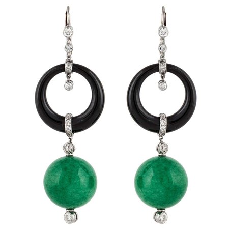 18K White Gold and Platinum Jade Onyx and Diamond Drop Earrings For Sale at 1stDibs