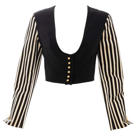 Moschino Couture Black Cropped Button Front Jacket Striped Sleeves, Circa: 1994 For Sale at 1stDibs