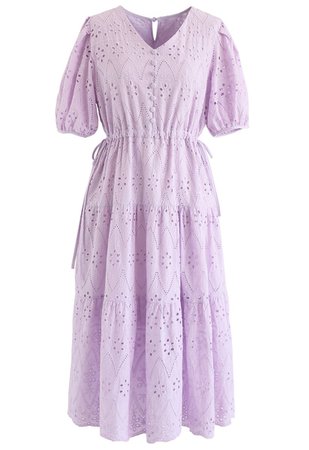 Zigzag Eyelet Floral Embroidered Flare Midi Dress in Lilac - Retro, Indie and Unique Fashion