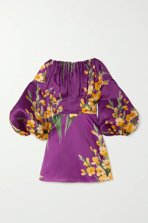 CAROLINA HERRERA Gathered floral-print silk-satin mini dress