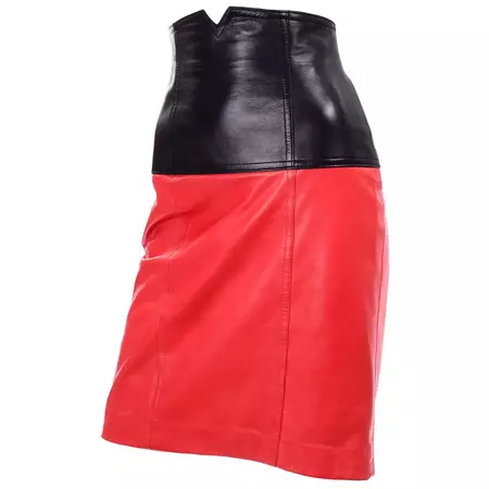 1980s Escada Margaretha Ley Vintage Red and Black Colour Block Leather Skirt For Sale at 1stDibs