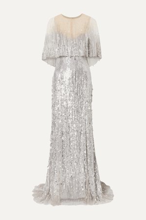 Silver Layered embellished tulle gown | Monique Lhuillier | NET-A-PORTER