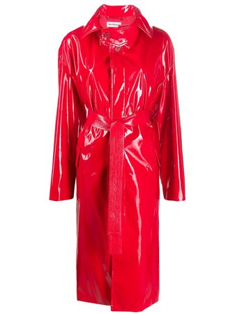 Red Balenciaga Vinyl Effect Belted Trench Coat | Farfetch.com