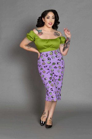 Eden Pencil Skirt in Purple Monster Print - Every Day Is Halloween - Collections | Pinup Girl Clothing