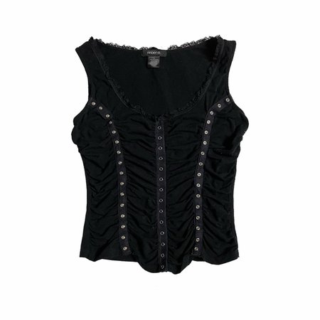 black grommet corset style ruched tank top with lace trim