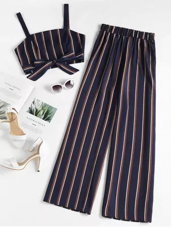 Striped Zip Top And Wide Leg Pants DEEP BLUE: Two-Piece Outfits S | ZAFUL