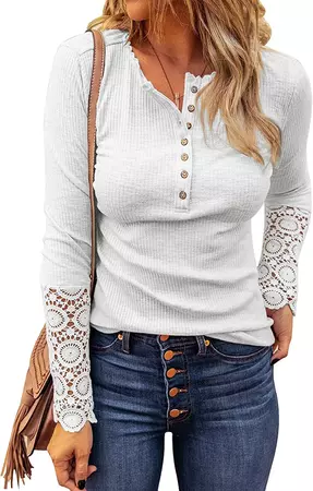 LOLONG Womens Ribbed Knit Long Sleeve Top Fitted Lace Henley Button Blouse Shirts White at Amazon Women’s Clothing store