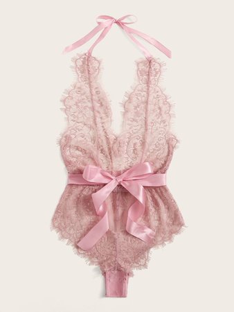 Floral Lace Halter Teddy Bodysuit | ROMWE