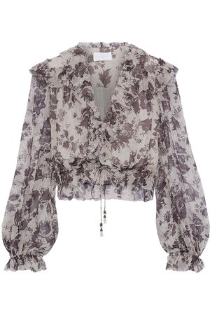 ZIMMERMANN Juno cropped ruffled floral-print silk-georgette blouse