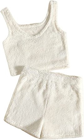 SweatyRocks Women's Pajama Set Loungewear Cami Crop Top Fluffy Shorts Set Pure White S at Amazon Women’s Clothing store