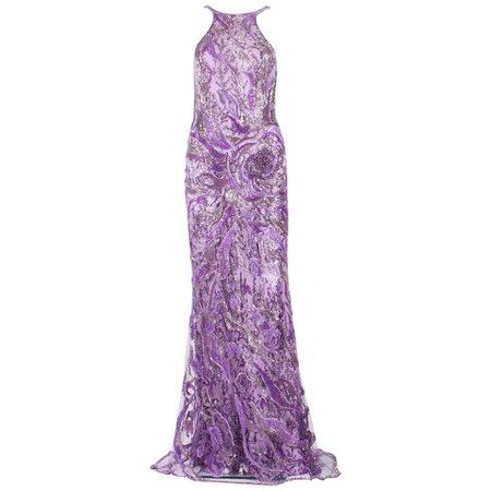 New Atelier Versace Wisteria Purple Silk Fully Beaded Dress Gown It. 42 For Sale at 1stdibs