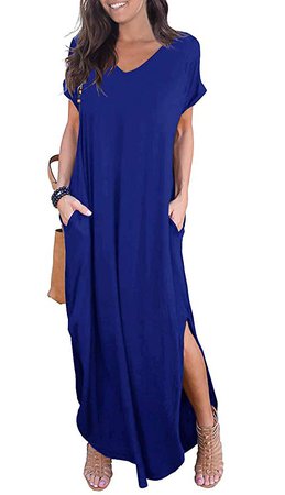 GRECERELLE Solid V-Neck Pocket Loose Maxi Dress Royal Blue S at Amazon Women’s Clothing store: