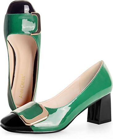 Amazon.com | ANN CREEK Women's 'Angela' Green Pump Shoes Office Chunky Heel Pumps Square Toe Two Tone Pumps Slip On Low Heels Closed Toe Block Heel Pump Shoes Ladies Dress Shoes Green Size 6 | Pumps