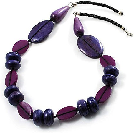 Avalaya Purple Wood Bead Black Faux Leather Necklace - 76cm L: Amazon.co.uk: Jewellery