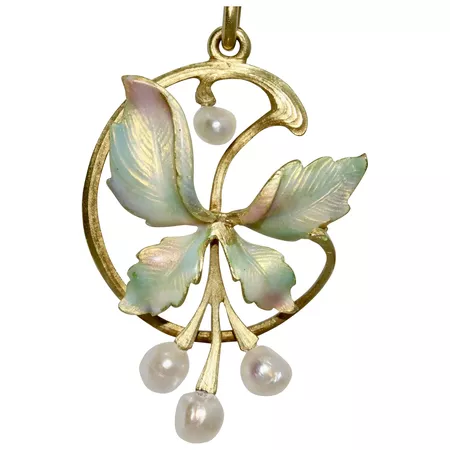 Antique Art Nouveau Enamel Pearl Floral Holly Pendant 18K : Elizabeth Rose Antiques | Ruby Lane