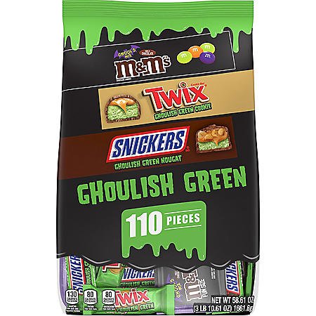 M&M's, Snickers and Twix Ghoulish Green Assorted Milk Chocolate Halloween Candy Bag (110 pc.) - Sam's Club
