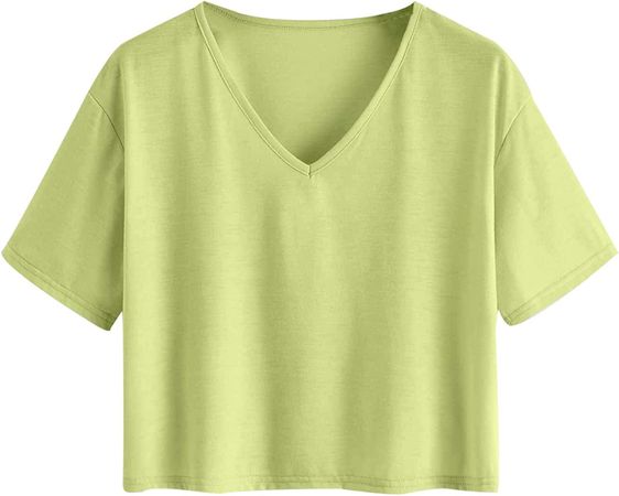 Romwe Women's Plus Size Casual Summer Short Sleeve V Neck Crop Tee Shirts Tops Solid Plain Green 3XL at Amazon Women’s Clothing store