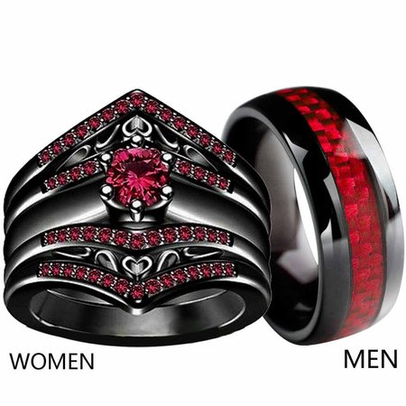 Couple Rings Sz6-13 Tungsten carbide Mens Wedding Bands 10kt Black Gold Filled Round cut Red CZ 3pc Womens Wedding Ring | Wish