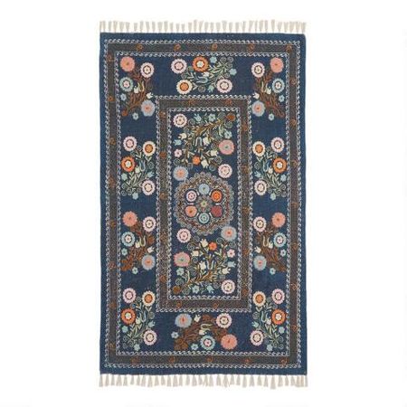 Navy and Coral Floral Embroidered Cotton Jaipur Area Rug | World Market