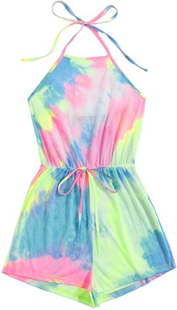 Amazon.com: MakeMeChic Women's Tie Dye Halter Neck Drawstring Waist Sleeveless Romper Jumpsuit Multi-6 S: Clothing
