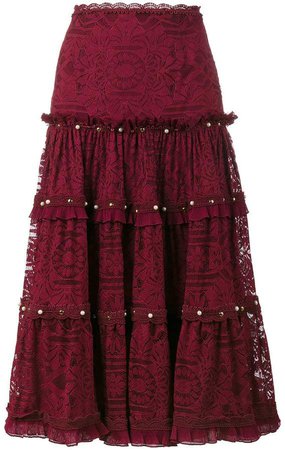 tiered embellished lace midi-skirt